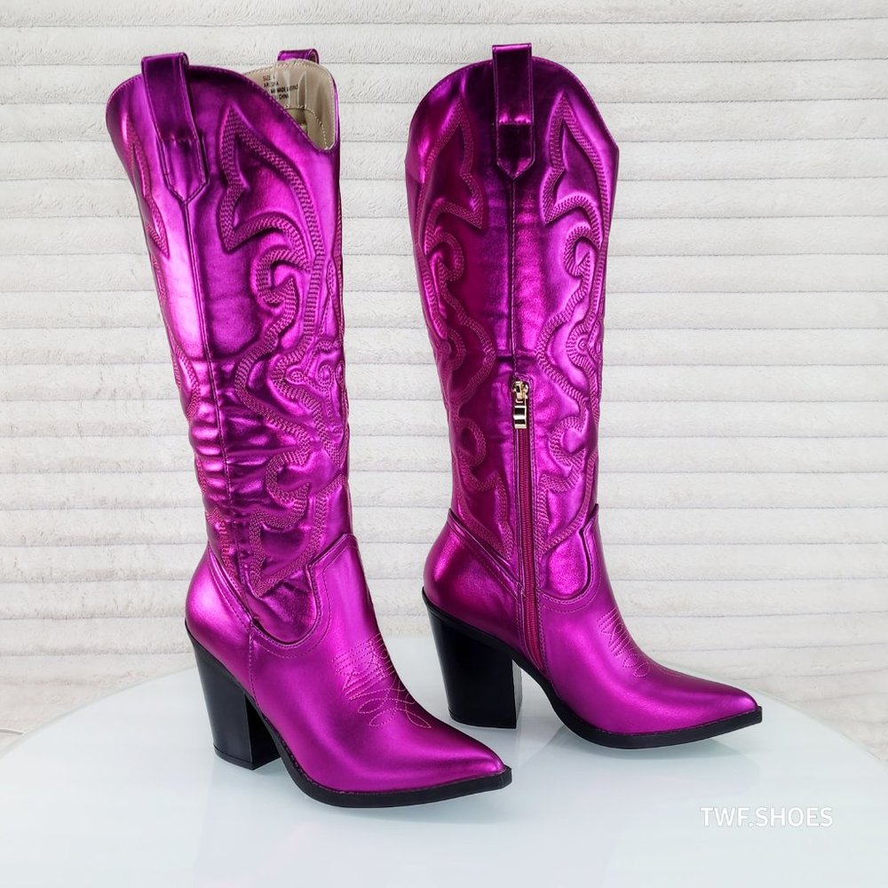 Electric Cowboy Brush Metallic Matte Western Knee High Cowgirl Boots Hot Pink